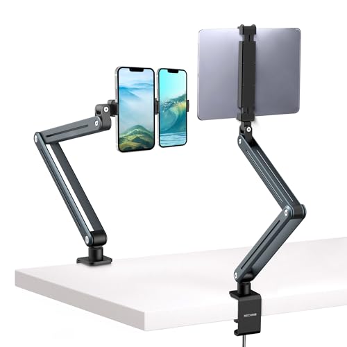 Mechrig Aluminum Tablet Stand Holder - 360° Adjustable & Foldable Phone iPad Holder for Desk Mount, Dual-Device Desk Clamp for iPad Pro/Air/Mini, Samsung Galaxy Tab, Kindle, Switch & Phones 4-13
