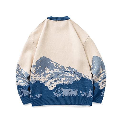 Mens Crewneck Oversized Sweaters Tie-Dye Casual Long Sleeve Knitted Vintage Sweater Mountain Print Jumper Soft Tops4