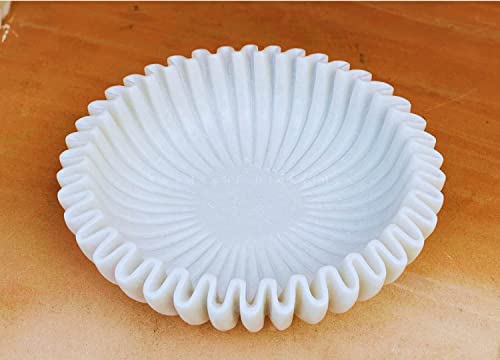SWADESHI BLESSINGS HandCrafted Marble Ruffle Bowl - Antique Scallop, Fruit, Vintage Ring Dish, Decorative Flower - HouseWarming Gift, Wedding Gifts, Urli (5 Inches)