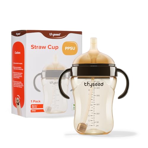 thyseed PPSU Weighted Straw Cup with Handles Toddlers Transition Bottles to Sippy Cups No Spill Learner Milk Water Baby Bottle Soft Silicone Spout Dishwasher Safe BPA Free 6+ Months 10oz/300mL 1 Pack