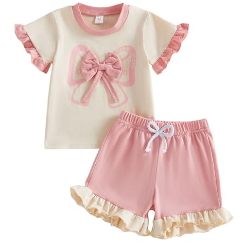Mubineo Toddler Baby Girl Clothes Summer Bowknot T Shirt Shorts Outfits Kids Ruffle Short Sleeve Tops Short Outfit Set (Pink Mom, 3-4T)