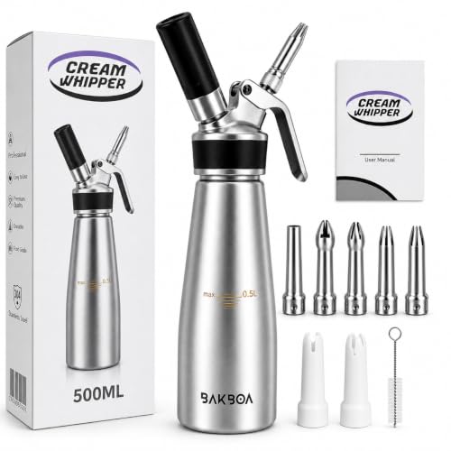 Professional Whipped Cream Dispenser with 5 Stainless Steel + 2 Plastic Nozzles & Cleaning Brush 500ml Durable Easy to Use Multi-Purpose Cream Whipper for Desserts & Culinary Foams
