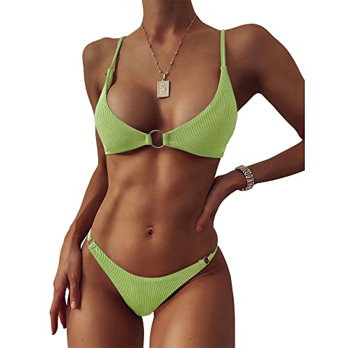 ZAFUL Women s Ribbed O-Ring String Padded Low Waisted Bikini Set Swimsuit (0-Pistachio Green, S)