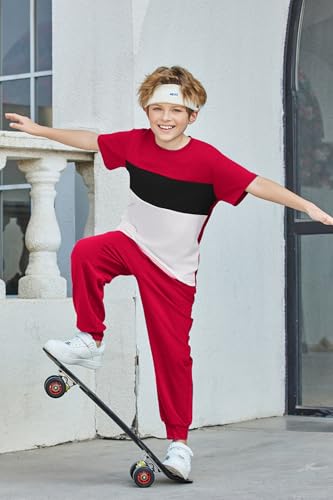 Image of Arshiner Boy's Pants Set - 2 Piece ColorBlock Short Sleeve T-Shirt and Active Pants - Casual Clothing Outfits 5-12 Years