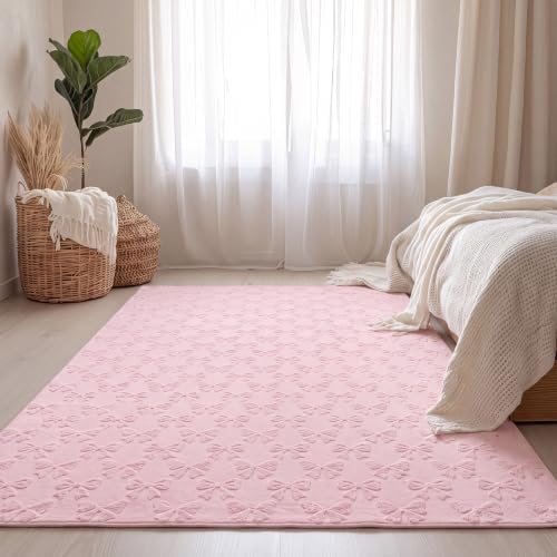 Breling 5x7 ft Pink Bow Square Rugs for Bedroom Nursery Rugs for Living Room with Soft Low Pile Cute Washable Rug Area Rug for Woman Nursery Living Room Playroom Coquette Decor Dorms Home Aesthetic - Image 5