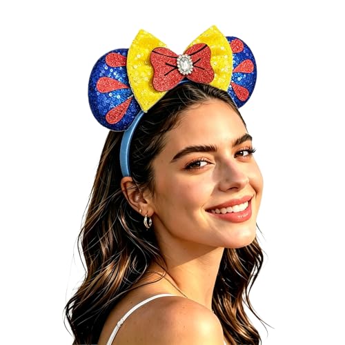 Bolonar Mouse Ears Headband for Women Adult Red Bows Princess Hairband with Beads Sequin Ears