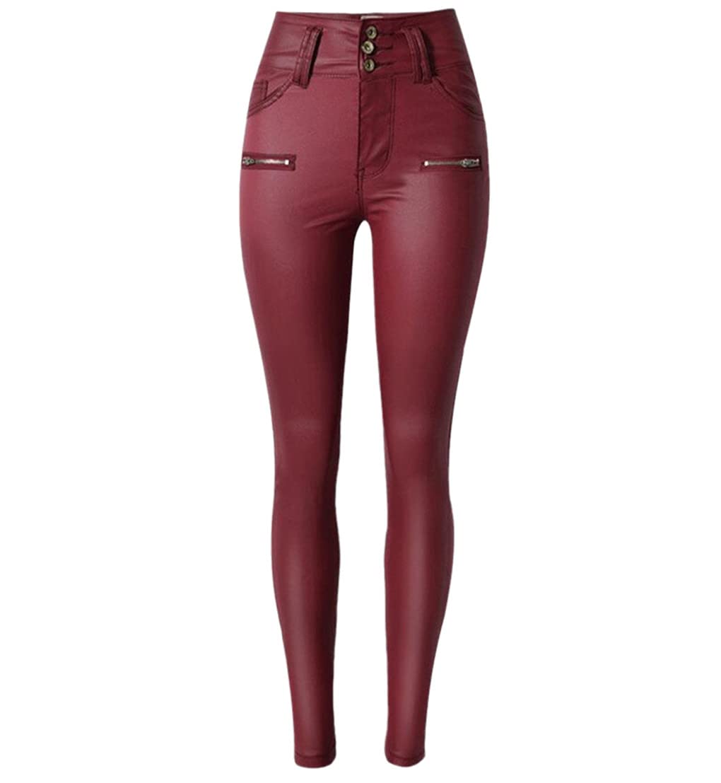 Dninmim Pantaloni in pelle sintetica sottile a vita alta da donna primavera autunno vino rosso skinny pantaloni in pelle PU