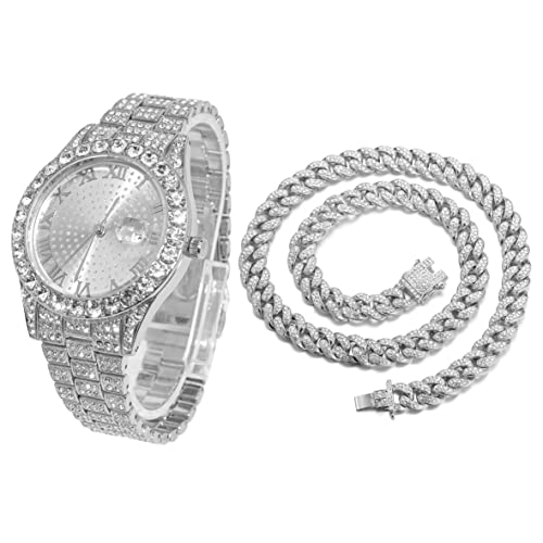 HALUKAKAH Diamant Montre en Or, Hommes Plaqué Or Blanc Platine 42MM Large Rond Cadran Quartz Bracelet 24cm avec Lien Cubain Chaîne 45cm Collier Set, avec...