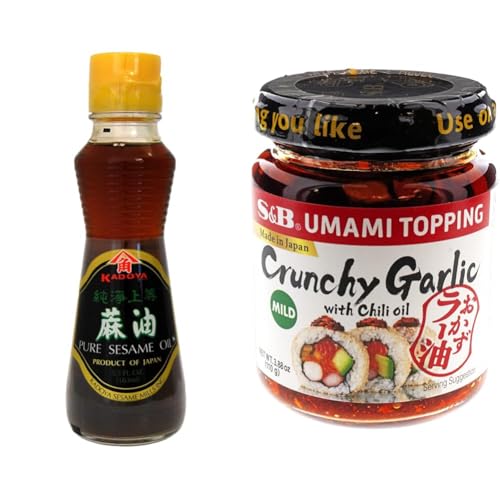 Kadoya 100% Pure Sesame Oil 5.5 oz & S&B Chili Oil with Crunchy Garlic 3.88 Fl Oz - Japanese Cooking Oil Bundle