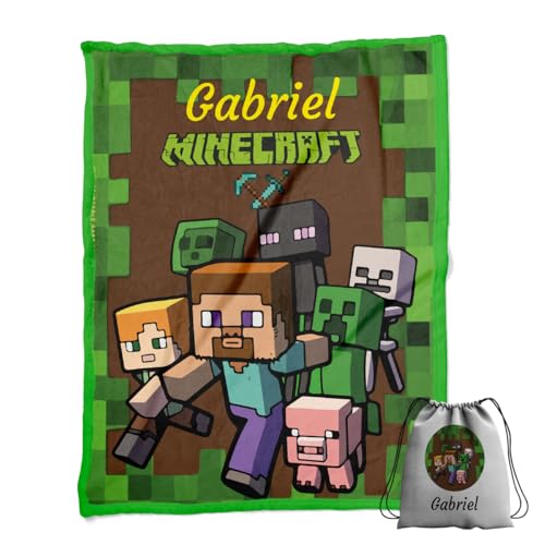 ZPUBLI+ Manta Personalizada con Nombre y Texto. Regalo Original para Navidad, cumpleaños, Regalo Infantil, Baby Shower. Manta Invierno Suave y Duradera. (Minecraft 2)
