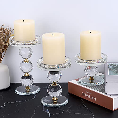 Ownmy Set Of 3 Gold Crystal Glass Pillar Candlestick Holders Votive Candle Holder Set, Clear Glass Tea Light Candle Stick Holders Pillar Candle Stand Modern Candle Centerpiece For Living Room Wedding #TOP4