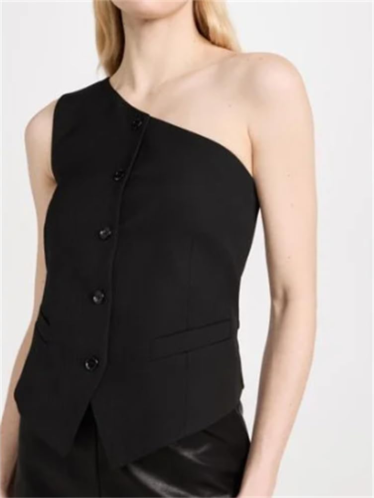 Mi Bo Tong Women’s Vest and Pants Suits One Shoulder Regular Fit Urban Plain Vest Women's Black One Shoulder Waistcoat