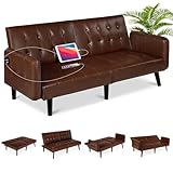 TYBOATLE 65“ Convertible Futon Sofa Bed w/ 2 USB,Tufted Small Adjustable Folding Couch Loveseat, Modern Mid Century Faux Leather Sleeper Sofa for Living Room,Bedroom,Apartment,Office (Brown)