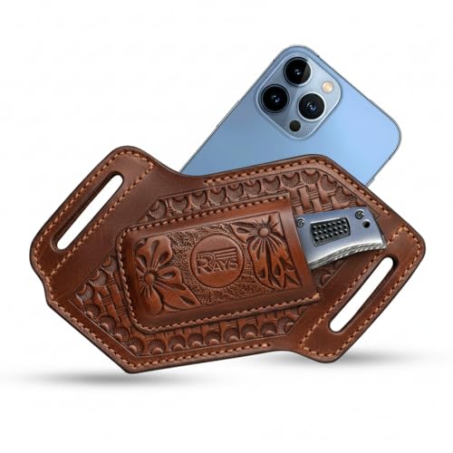 Leather Knife Sheath for Belt Pocket Folding Knife Holder Compact Draw Knifes Carrier EDC Tools Holster (Sheath with Mobile Holster)