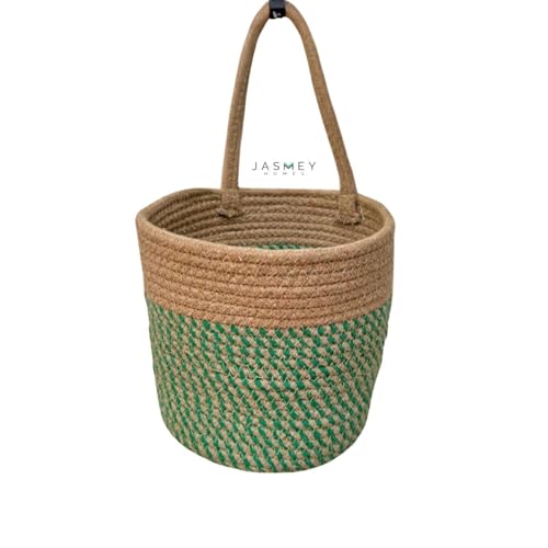Image of JASMEY HOMES Wall Hanging Jute Basket for Vegetables /Newspaper Storage Box for Home /Milk Basket for Main Door Hanging from (Green)