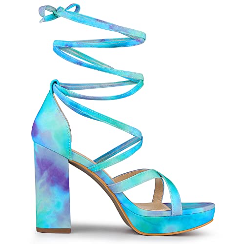 Allegra K Allegra K Women's Tie Dye Platform Chunky Heel Lace Up Cyan Sandals 10 M US
