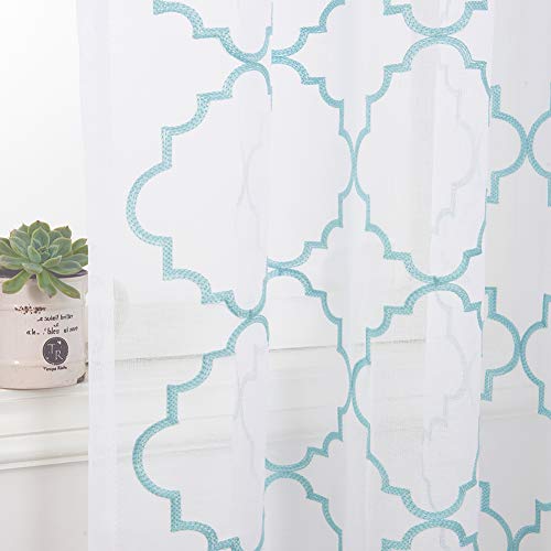 Embroidery Sheer Curtains Blue 63 Inch, Rod Pocket Voile Drapes for Living Room, Bedroom, Window Treatments Moroccan Embroidery Semi Crinkle Curtain Panels for Yard, Patio, Villa, Set of 2, 52"x 63". by MYSTIC-HOME - Used condition - Image 4
