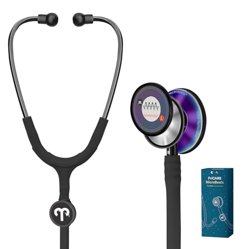 FriCARE Tunable Stethoscope - Dual Head Estetoscopio for Nurses, Doctors, Paramedics, Students - FSA/HSA Eligible Stethoscopes, Smooth Black Tube, Mirror Iridescent Blue-Purple Finish Chestpiece