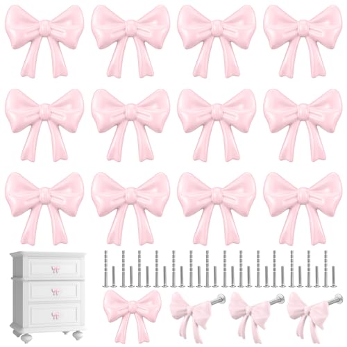 Hotop 15 Pack Pink Bow Dresser Knobs Cabinet Drawer Knobs with 2 Kinds Screws Bow Knob for Hardware Dresser Kitchen Drawer Aluminum Alloy Oxidation Wire Drawing Handles (1.57 Inch)