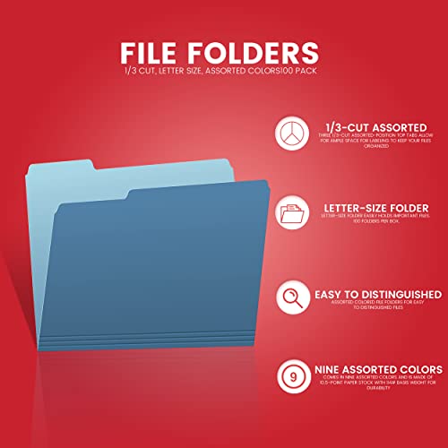 1Intheoffice File Folders Letter Size, Colored File Folders, File Folders 1/3 Cut Tab, Assorted Colors, 100/Pack #TOP3