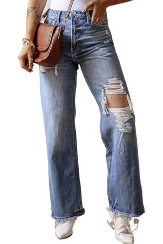 Stylish Distressed Raw Hem Jeans - High Waist Straight Leg in Ashleigh Blue