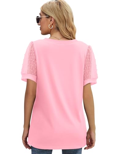 Image of Aokosor Womens Summer Tops V Neck T Shirts Swiss Dot Puff Sleeve Tops Loose Casual Tshirts