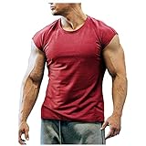 Mens Muscle Cut T-Shirt Short Cap Sleeve for Bodybuilding Gym Workout Tee Tops Big and Tall Sleeveless Shirts for Men Wine