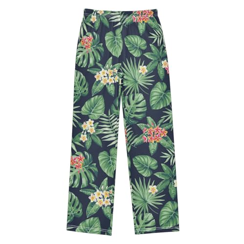 Palm Leaves Floral Boys Long Pants Soft Trousers Elastic Waist Kids Lounge Bottoms with Pockets S-XL