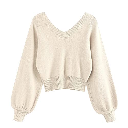 Image of ZAFUL Women's Cropped Sweater V-Neck Long Sleeve Pullover Jumper Knit Top | Crop Length, Ribbed Knit, Double V design, White sweater, Raglan sleeves, lantern sleeve, Fall & Winter, Loose fit, Oversized
