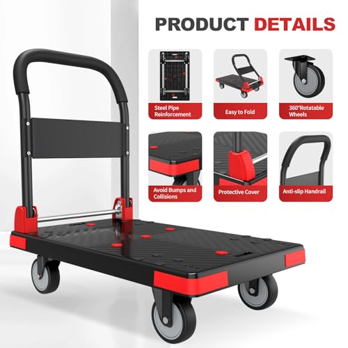 XC-STC Heavy Duty Foldable Push Cart Dolly - Mobile Platform Truck with 360°Swivel Wheels, 35.4" L x 23.6" W, Large Reinforced Folding Hand Trolley for Moving,Black. by XC-STC - Image 3