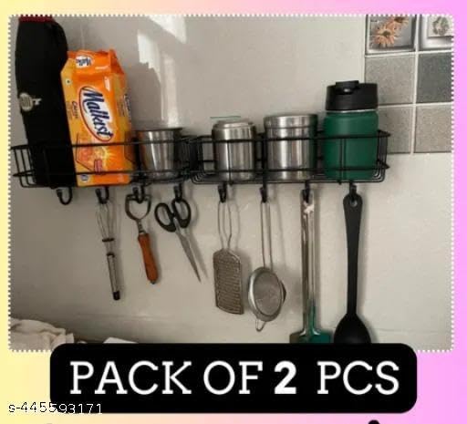 (Pack of 2) Steel Self-Adhesive Multipurpose Bathroom Shelf with Hooks/Towel Holder/Rack/Bathroom Accessories-Wall Mount - Pack of 2 (Black,Powder Coated) 3