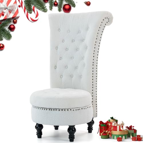 WENTUM Throne Royal Chair for Living Room, High Back Velvet Accent Armless Chair with Hidden Storage, Button Tufted Vintage Design for Bedroom and Office, White