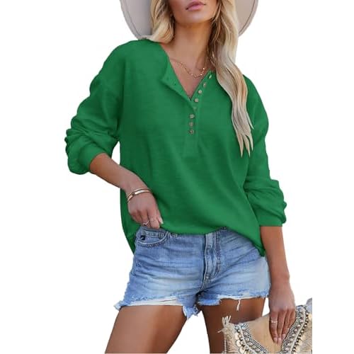 Topstype Henley Long Sleeve Women Oversized T Shirts Loose Fit Tunic Tops to Wear with Leggings Small Green