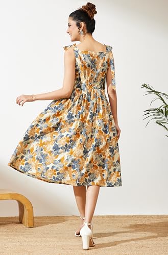 Image of Janasya Women's Cream Pure Cotton Floral Printed Fit & Flare Dress