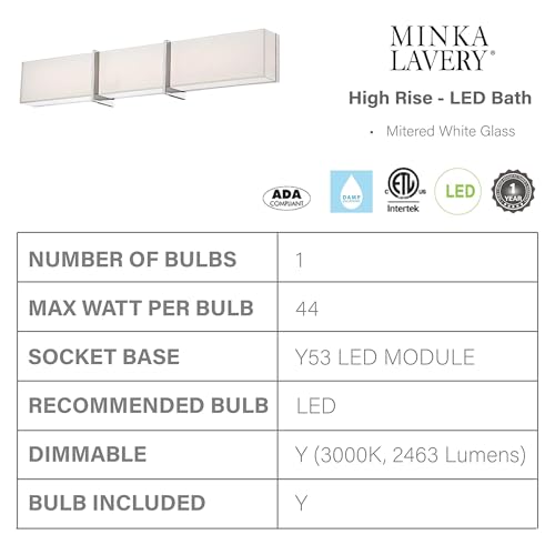 Image of Minka Lavery 2923-77-L High Rise LED Vanity Bath Light, 1-Light, 44 Total Watts, 30-in H x 5.5-in W, Chrome