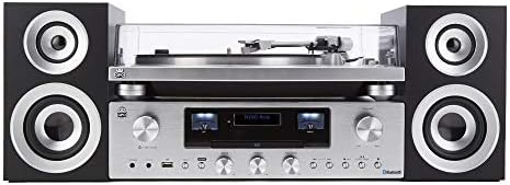 GPO Premium PR 100/200 Hifi Music System Record Player, Bluetooth Audio Transmitter with, CD, Amplifier, DAB+ Radio, Speaker Bundle, Digital Radio, Silver