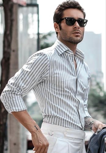 Image of IndoPrimo Men's Striped Shirt | Premium Slim Fit Full Sleeve Formal Casual Shirt | Button-Down Cotton Shirt for Office