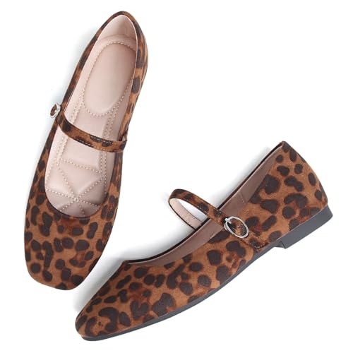 Stunner Women's Mary Jane Ballet Flats Fashion Square Toe Ankle Strap Flats Comfortable Casual Slip On Dress Shoes Leopard 44(10.5) 23