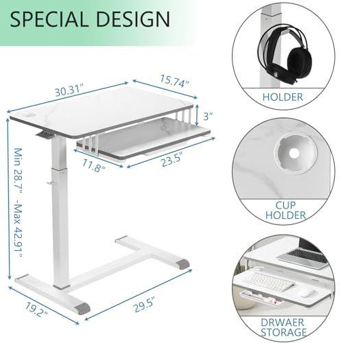 ETHU Overbed Table with Wheels, Medical Table with Drawer, Hospital Bed Table, Workstation Desk, Adjustable Overbed Bedside Rolling Laptop Desk, White - Thumbnail 3