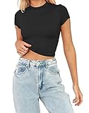 TECREW Womens Summer Short Sleeve Cute Crop Tops Casual Basic Crewneck Slim Fit T-Shirts, Black, Small