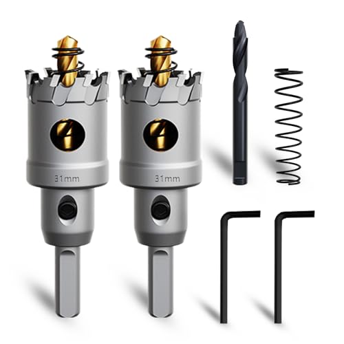 METOTY 31mm 2PCS Carbide Hole Saw Set,Heavy Duty Tungsten Carbide Tipped Hole Cutters Set with a nitrided Step Drill and L-flench, for Steel Iron,Aluminum,Stainless stell,Plastic​