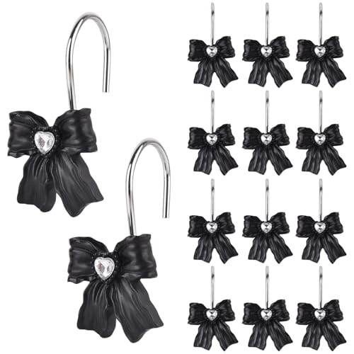 12PCS Shower Curtain Hooks Rings,Black Bow Resin Curtain Hooks Shower Rings for Bathroom Baby Room Nursery Art Decors