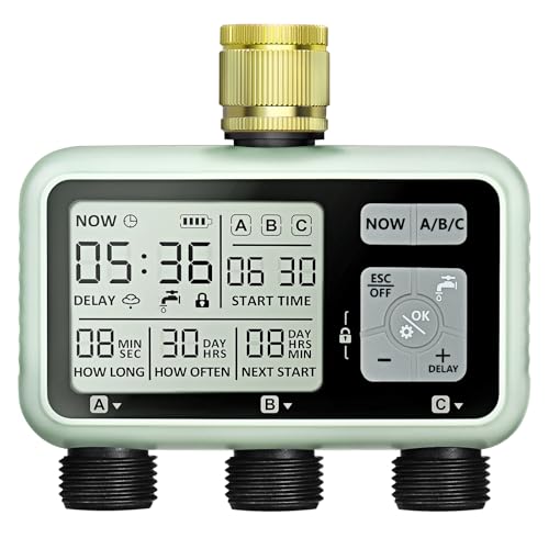 Johgee Computer di irrigazione 3 uscite indipendenti con ingresso in ottone, orologio digitale per irrigazione con ritardo della pioggia, controllo automatico/manuale di irrigazione, timer per