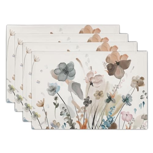 Image of Brown Cream Grey Teal Floral Placemats Set of 4 Watercolor Flowers Place Mats Washable Dining Rustic Abstract Floral Farmhouse Linen Table Mats Stain Heat-Resistant Cloth Table Mat Decor 12x18 in