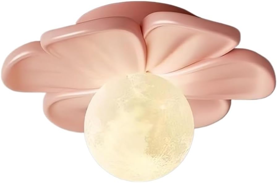 Modern Petal Flower Flush Mount Ceiling Light with Moon Globe Diffuser, LED Aesthetic Resin and Iron Art Fixture, Pink/Off-White Decorative Lamp for Hallway, Balcony, Kids Room, Nursery(Pink)