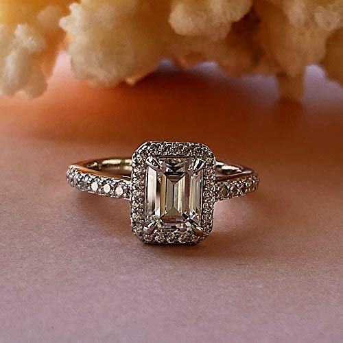 Silver 1.0 Ct (7x5mm) Emerald Cut Engagement Ring Accented Halo Wedding Ring Half Eternity Radiant Cut Anniversary Ring3