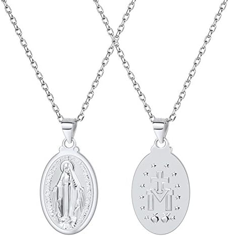 U7 925 Sterling Silver Virgin Mary Necklace Pendant with 20" Chain Catholic Gift for Women Gilrs Oval Miraculous Medal Jewelry