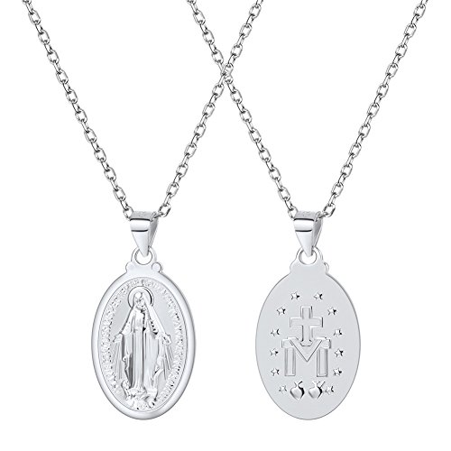 U7 Virgin Mary Necklace for Women,18K Gold Plated/Sterling Silver Oval Miraculous Medal Virgin Mary Pendant Necklace 03.Virgin Mary-Sterling Silver