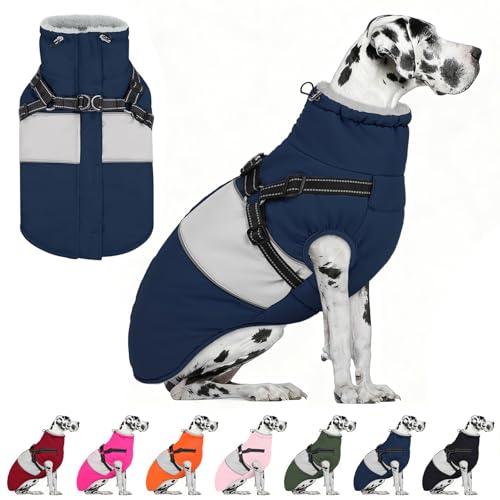 Image of AOFITEE Dog Coat, Large Dog Jacket, Dogs Coat with Harness Built in, Reflective Waterproof Dogs Jackets Winter with Furry Collar, Warm Polar Fleece Pet Sweater Snowsuit for Doberman, Great Dane XXXL