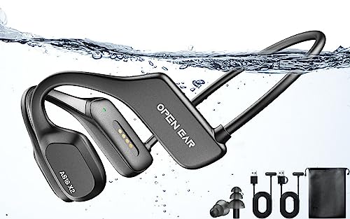Bone Conduction Headphones Waterproof, IP68 Swimming Open Ear Bluetooth Headphones Built-in 16GB Memory, Ultra Light Underwater Wireless Earphones for Running, Cycling, Hiking, Gym (deep black)